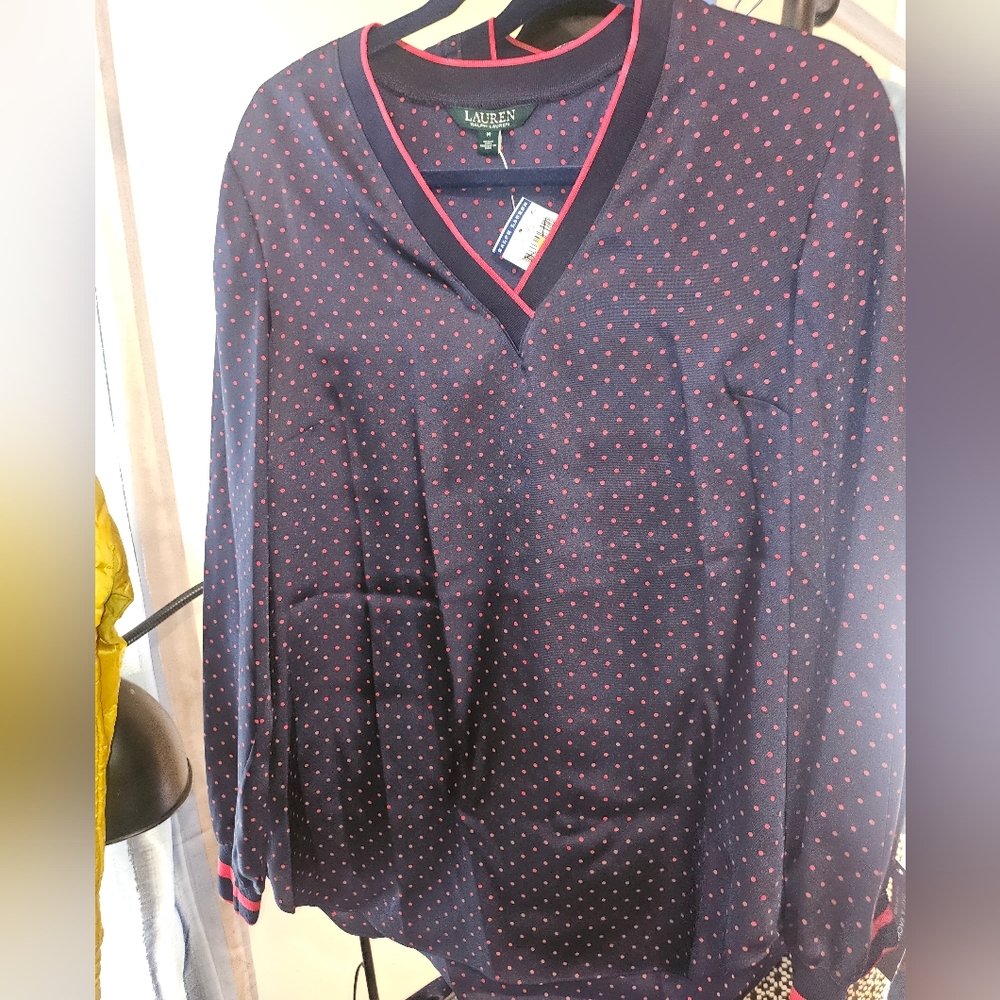 Ralph Lauren Navy Polka Dot silky V-neck Shirt size Med
